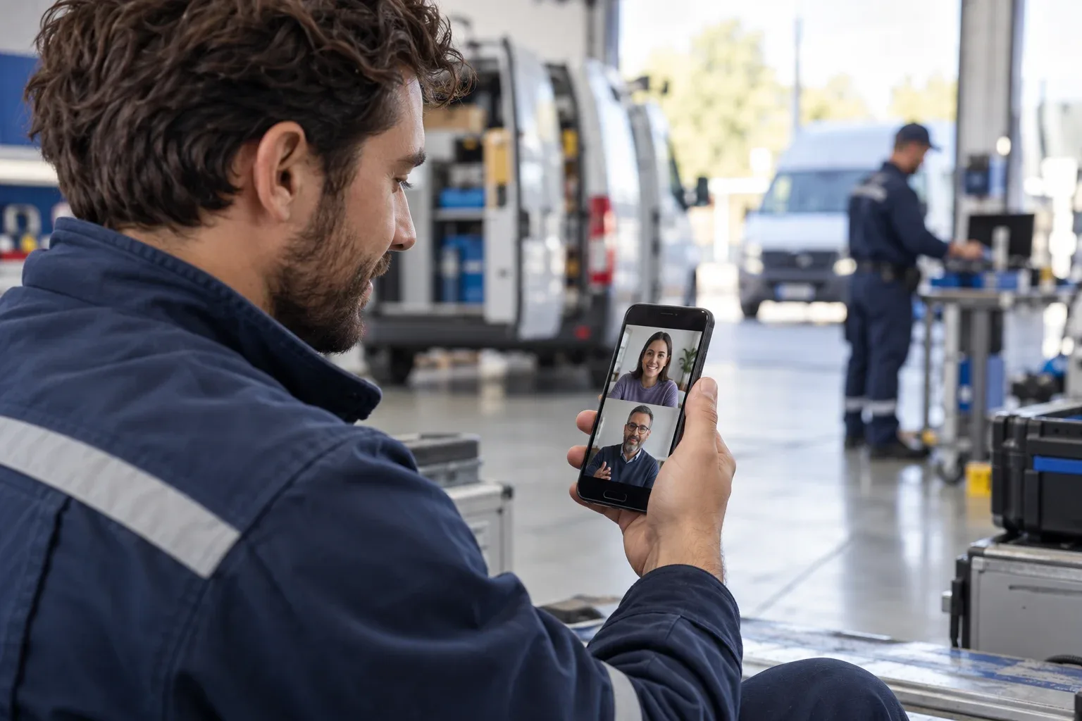 Field service employee connecting with remote colleagues on a smartphone
