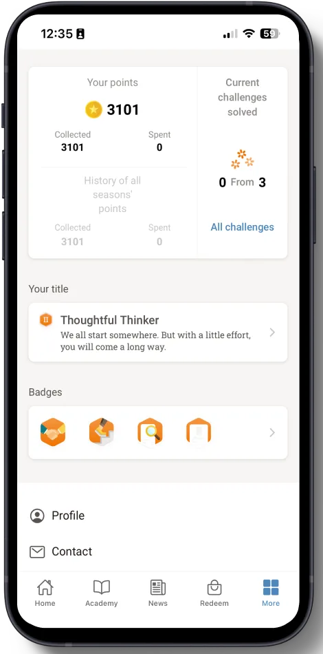 Inspire profile screen: 3,101 points, current challenges, the title Thoughtful Thinker and earned badges