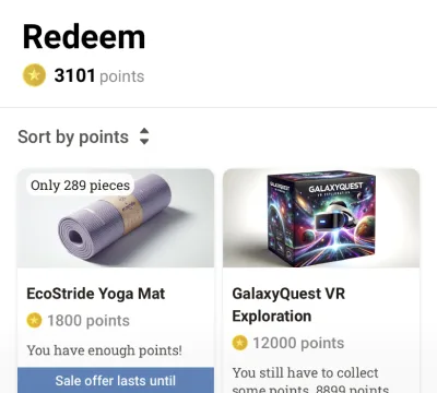 Inspire Redeem store with products priced in points